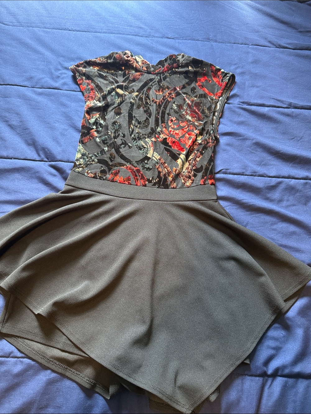 Women’s Black Skater Dress with Red Floral Velvet Bodice